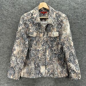 Joni B. Jacket Women L Large Gray Geometric Button Up Denim Medium Wash Collared